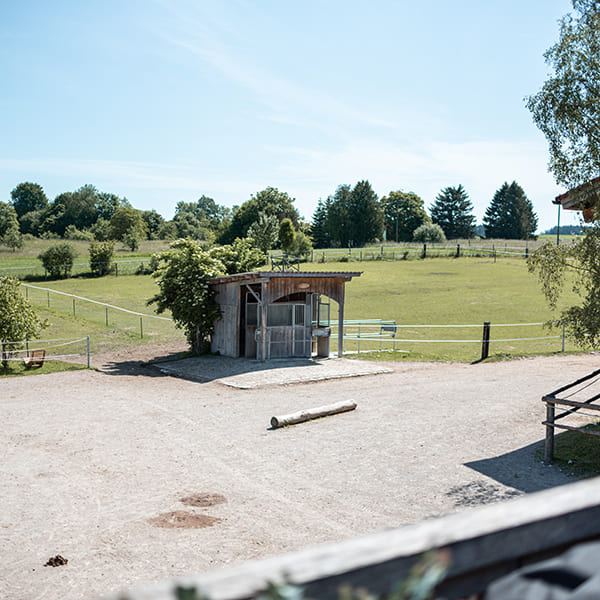 Blick vom Balkon des Wohnhauses auf den Paddock mit Futterautomat und die Koppeln im Aktivstall Kollenda